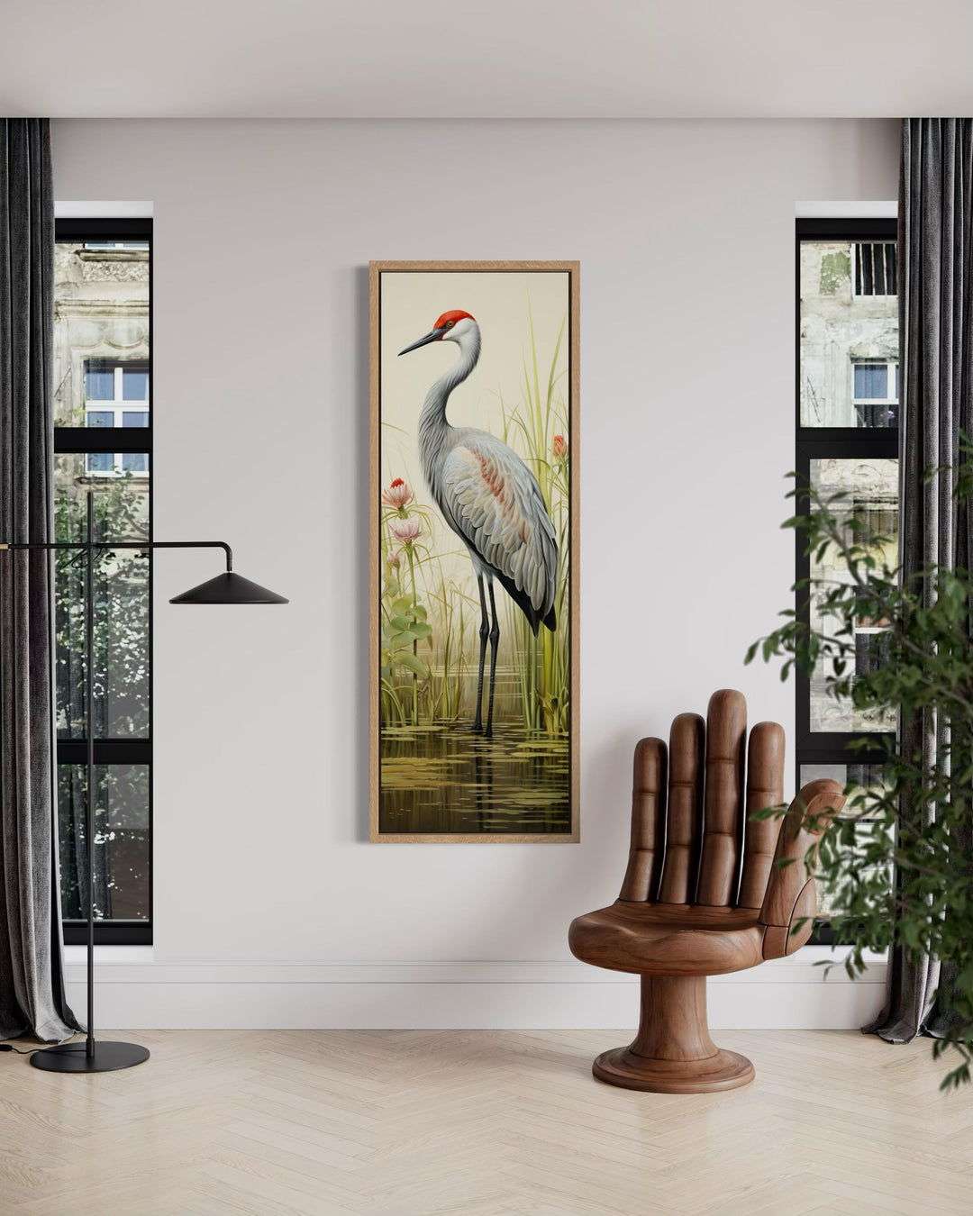 Tall narrow vertical canvas wall art featuring a realistic sandhill crane in a wetland setting.