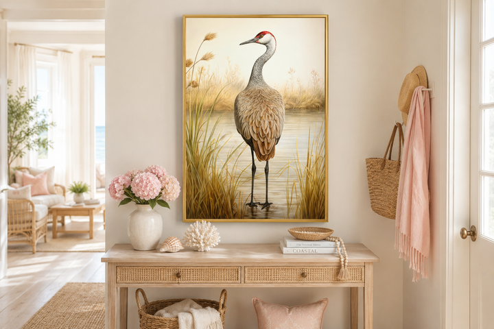 Sandhill Crane Vintage Framed Canvas Wall Art in a gold frame above a wooden console table.