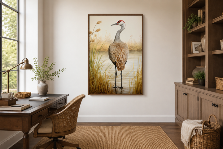 Sandhill Crane Vintage Framed Canvas Wall Art in a wooden frame hanging in a home office.