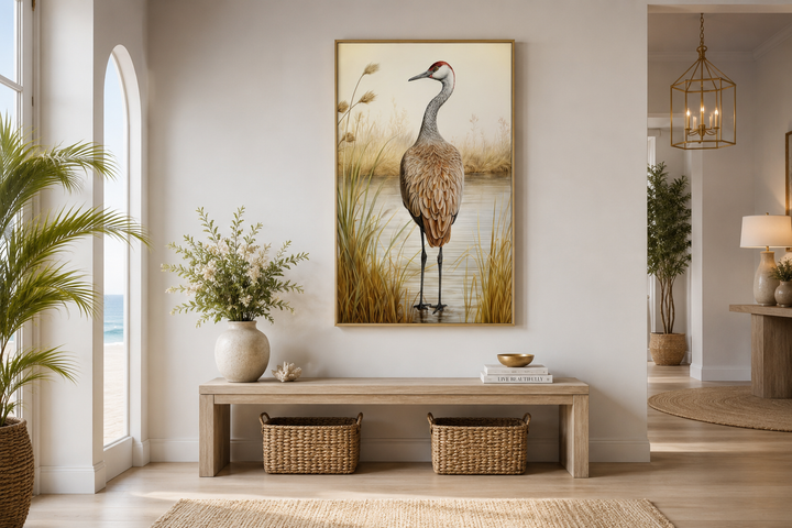 Sandhill Crane Vintage Framed Canvas Wall Art in a coastal-style entryway with a wooden bench.
