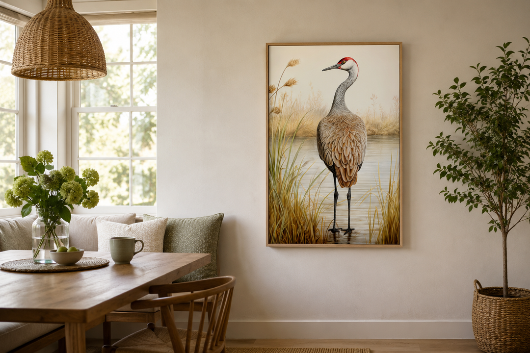 Sandhill Crane Vintage Framed Canvas Wall Art in a dining room with a wooden table and woven lamp.