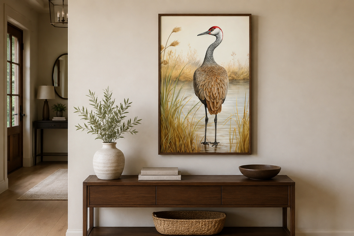 Framed vintage sandhill crane canvas wall art hanging above a wooden console table in a home.