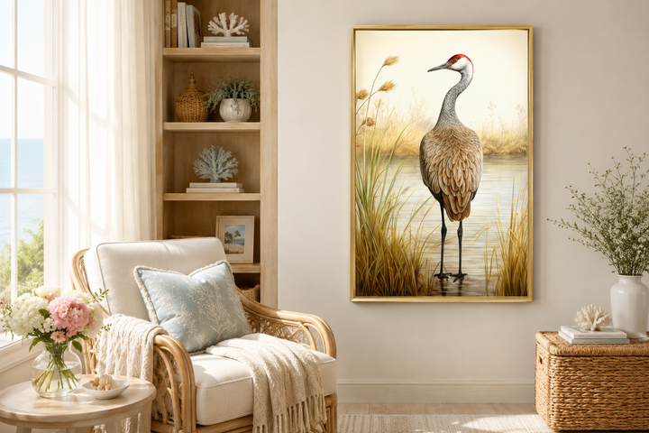 Vintage sandhill crane framed canvas wall art in a coastal-style living room with a rattan chair.