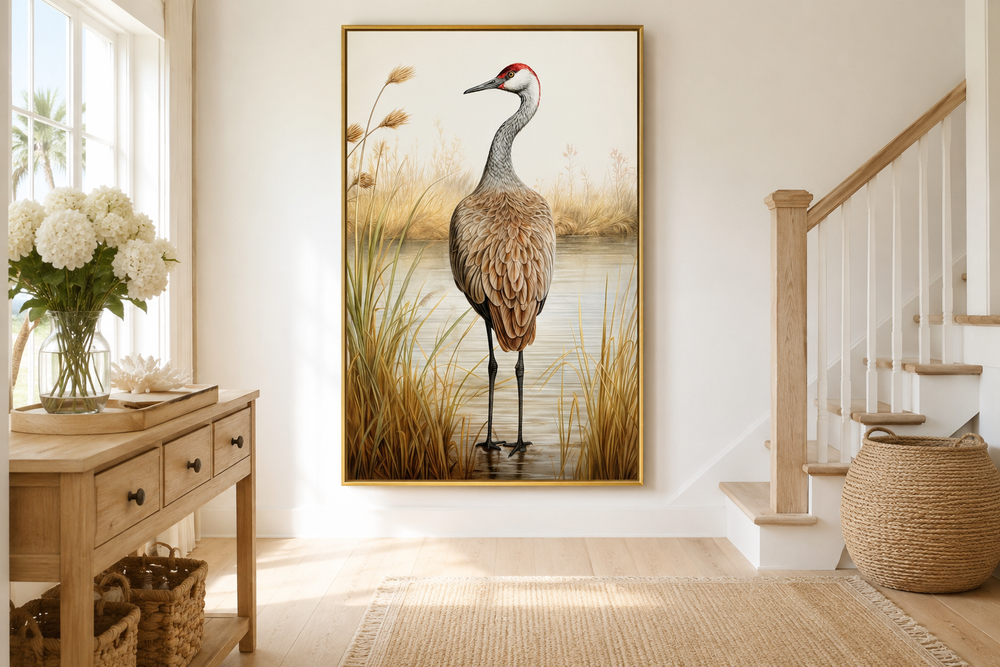 Sandhill Crane Vintage Framed Canvas Wall Art in a gold frame, hanging in a bright entryway.
