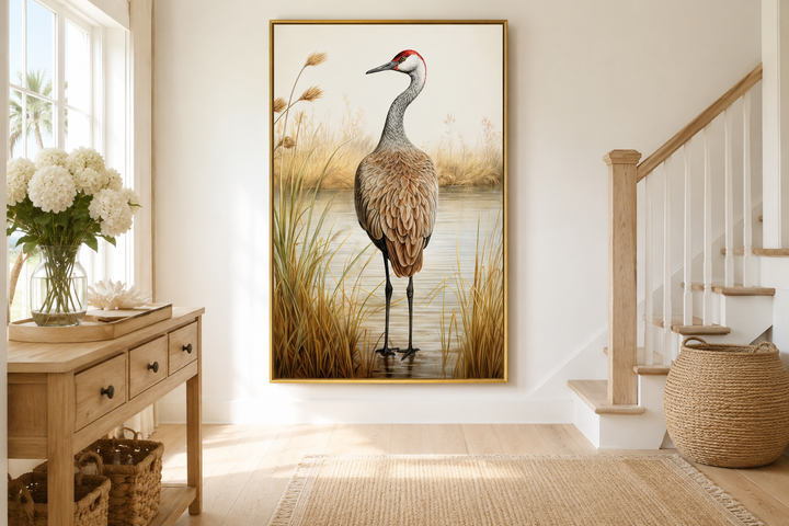 Sandhill Crane Vintage Framed Canvas Wall Art in a gold frame, hanging in a bright entryway.