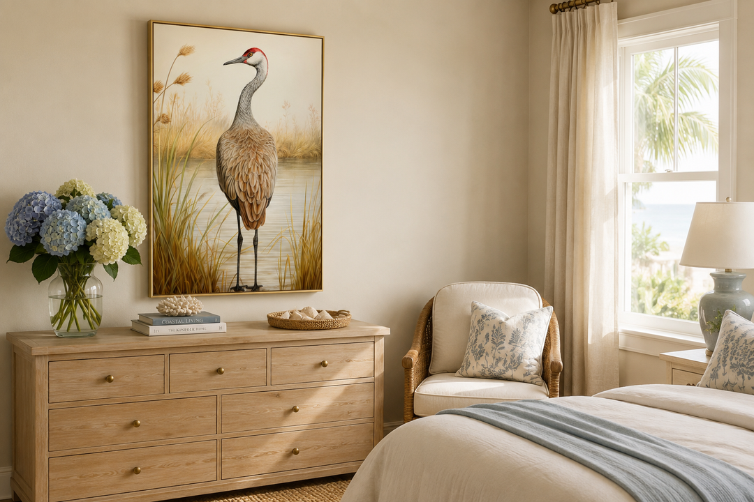 Sandhill Crane Vintage Framed Canvas Wall Art hanging above a light wood dresser in a bedroom.