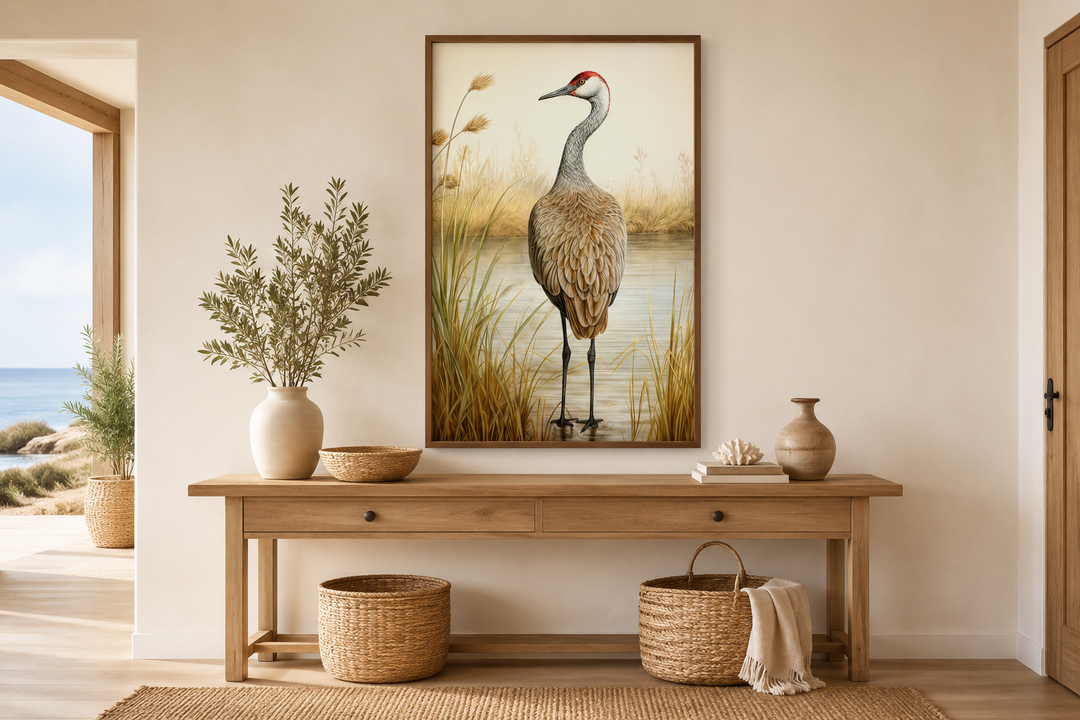 Vintage framed canvas wall art of a sandhill crane standing in marsh grass above a wooden console.