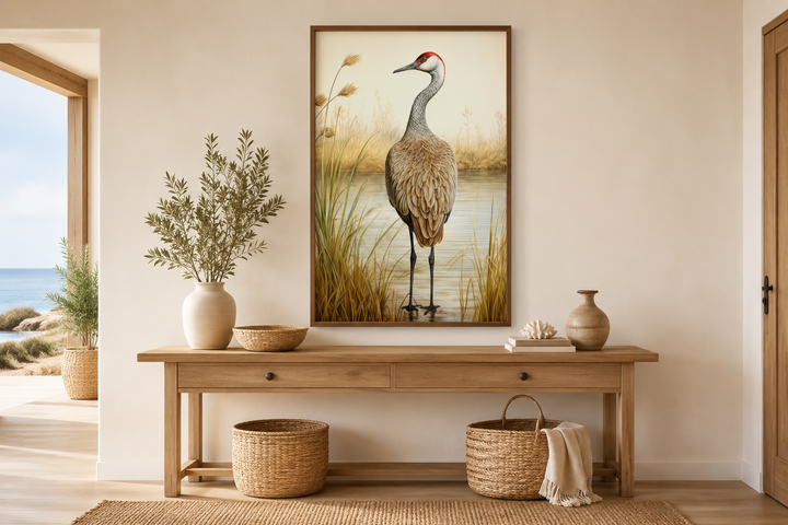 Vintage framed canvas wall art of a sandhill crane standing in marsh grass above a wooden console.