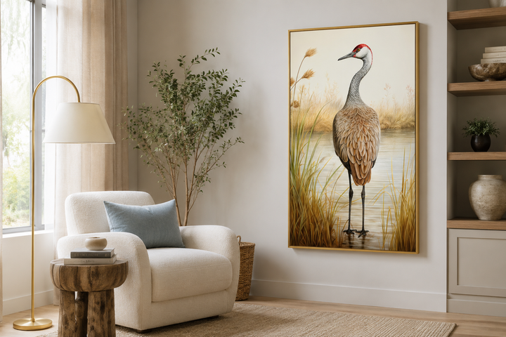 Framed vintage sandhill crane canvas wall art in a gold frame, styled in a neutral living room.