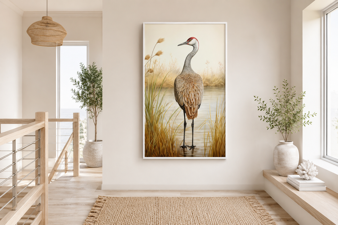 Vertical framed canvas wall art of a sandhill crane in a marsh, displayed in a neutral-toned room.