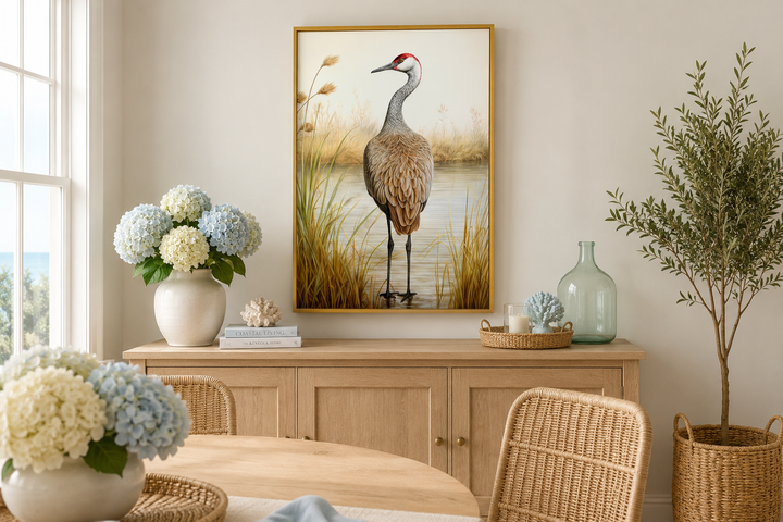 Vintage sandhill crane framed canvas wall art displayed above a wooden sideboard in a coastal room.