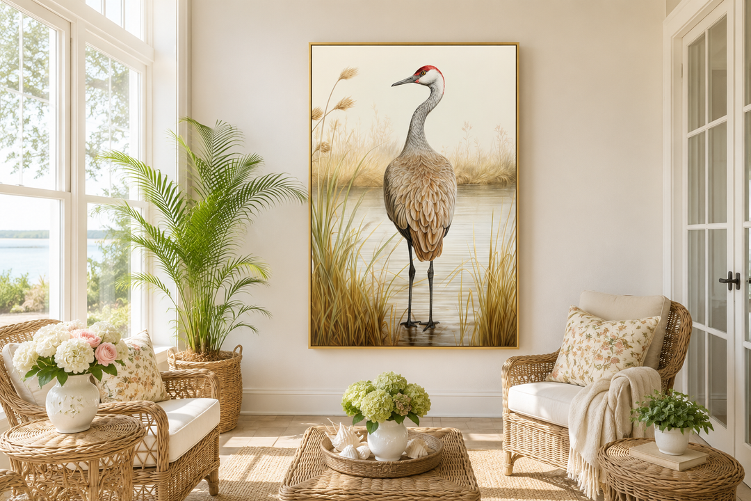 Sandhill Crane Vintage Framed Canvas Wall Art in a sunlit coastal living room.