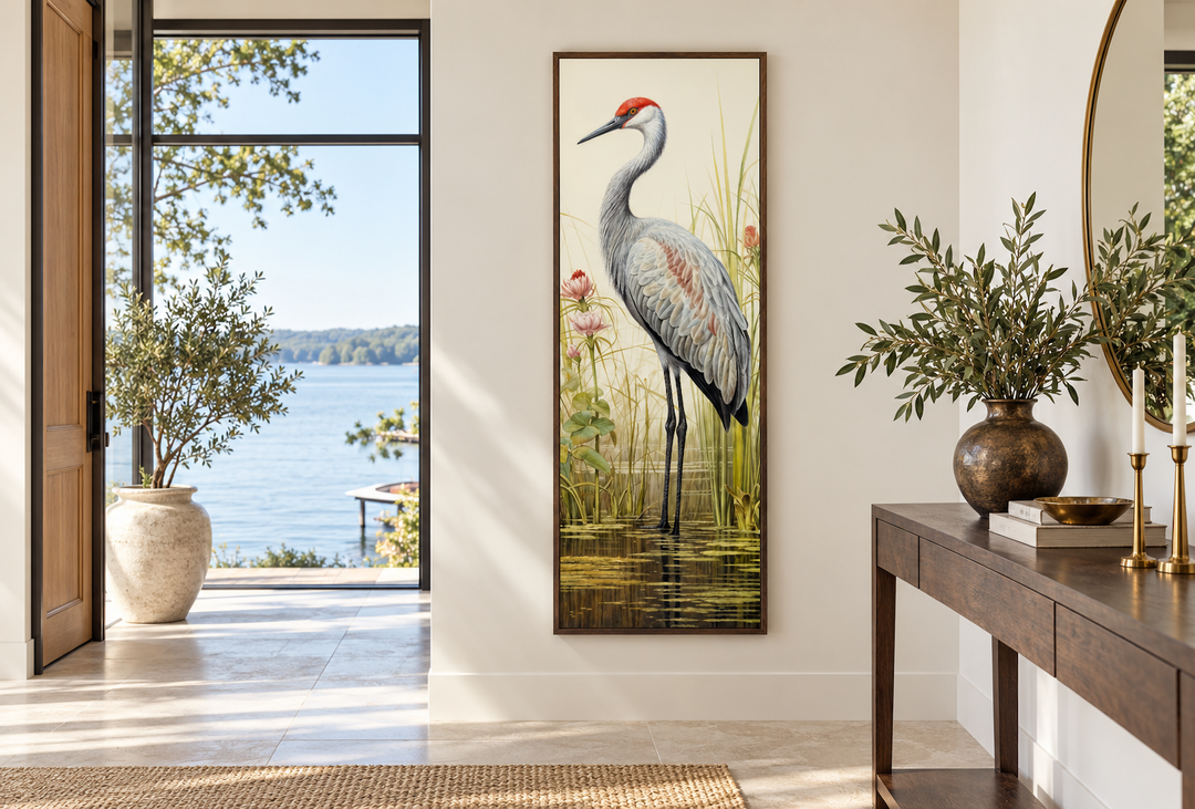 Sandhill Crane tall narrow vertical canvas wall art in a modern entryway with lake views.