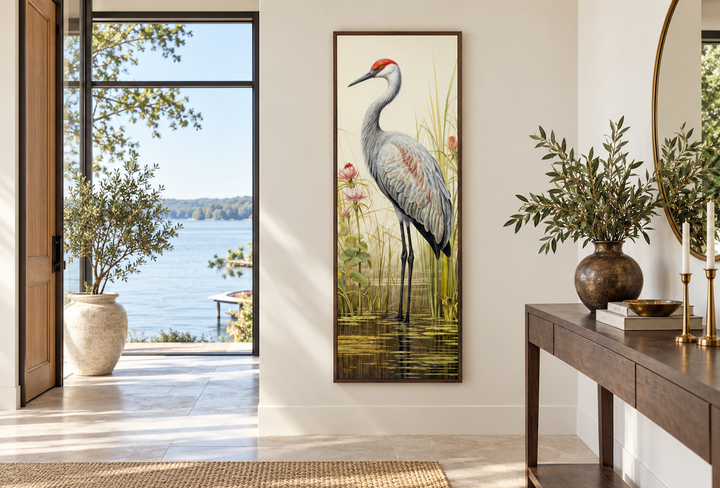 Sandhill Crane tall narrow vertical canvas wall art in a modern entryway with lake views.