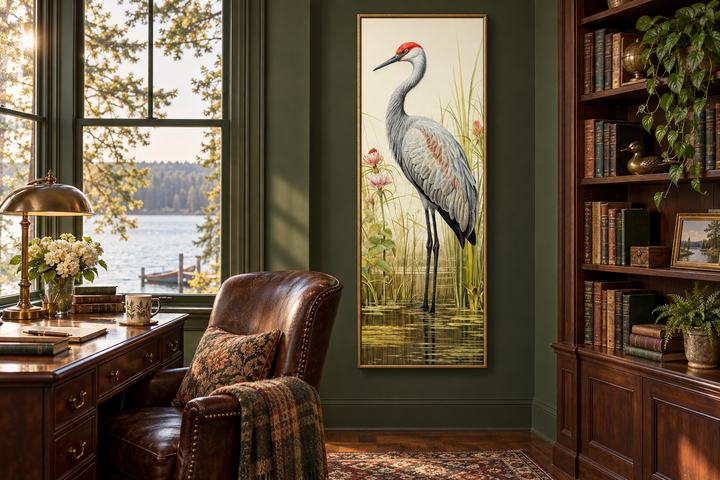 Tall narrow vertical canvas wall art of a sandhill crane in a wetland, hung in a dark green study.
