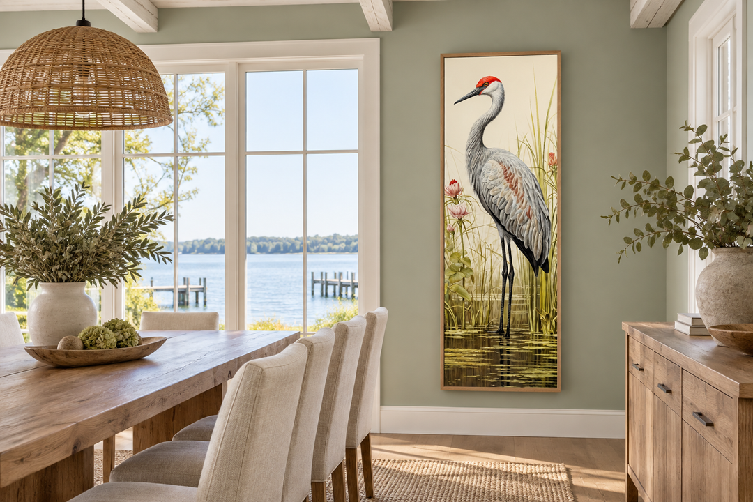 Sandhill Crane tall narrow vertical canvas wall art hanging in a dining room with a lake view.