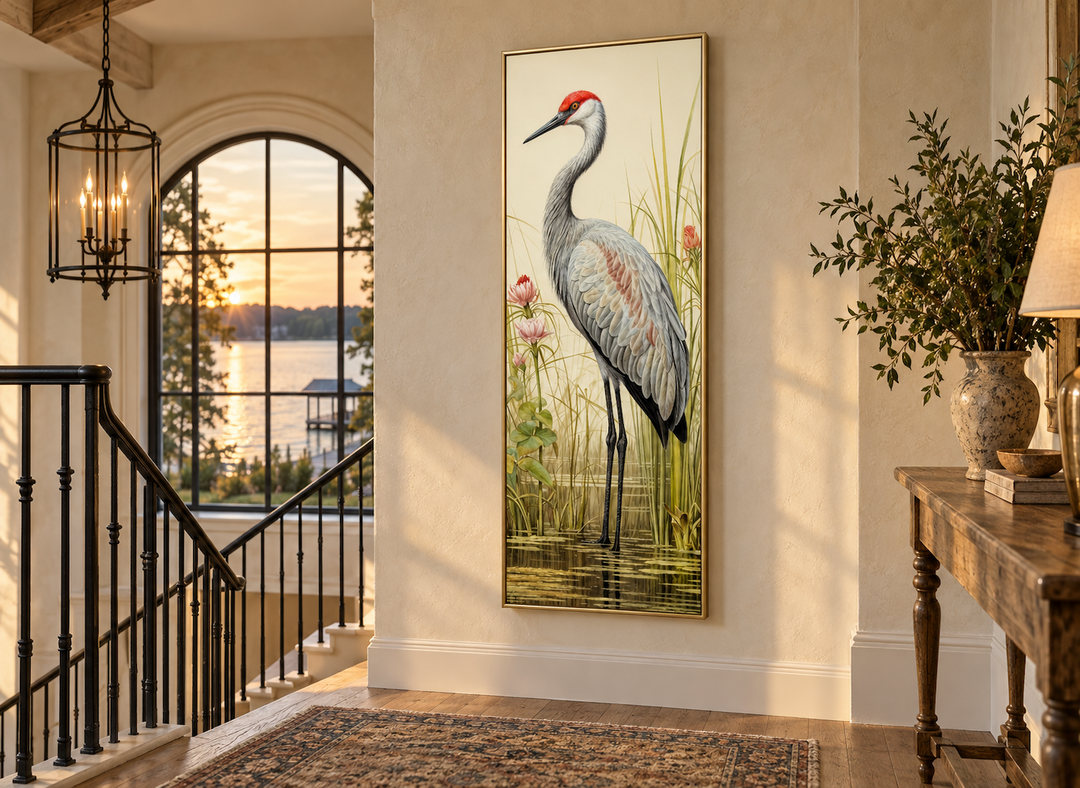 Tall narrow vertical canvas wall art of a sandhill crane in a wetland, hanging in a sunlit hallway.
