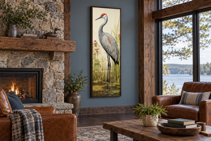Tall narrow vertical canvas wall art featuring a realistic sandhill crane in a wetland habitat.