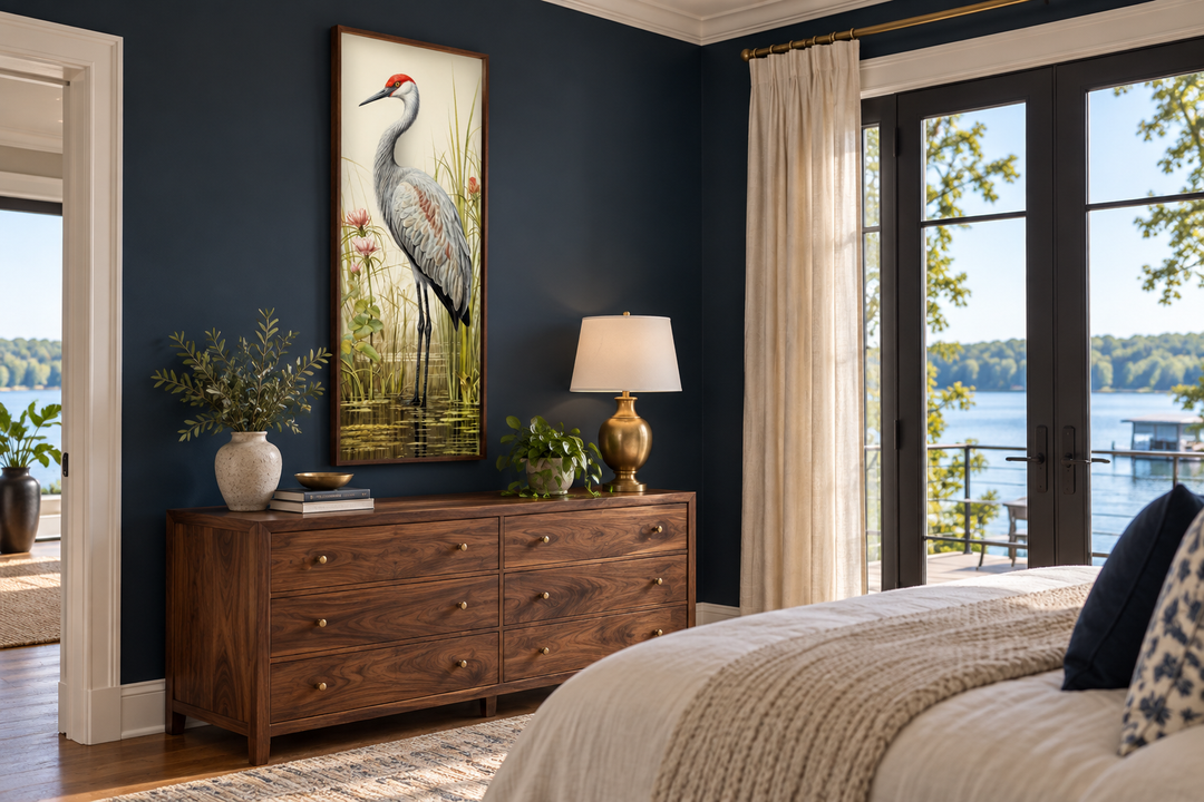 Sandhill Crane tall narrow vertical canvas wall art hanging above a wooden dresser in a bedroom.