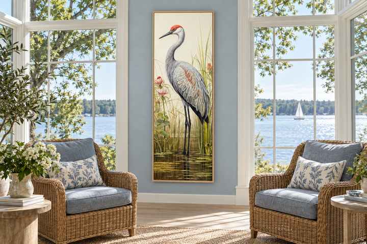 A tall, narrow canvas print of a sandhill crane standing in a wetland, displayed on a blue wall.