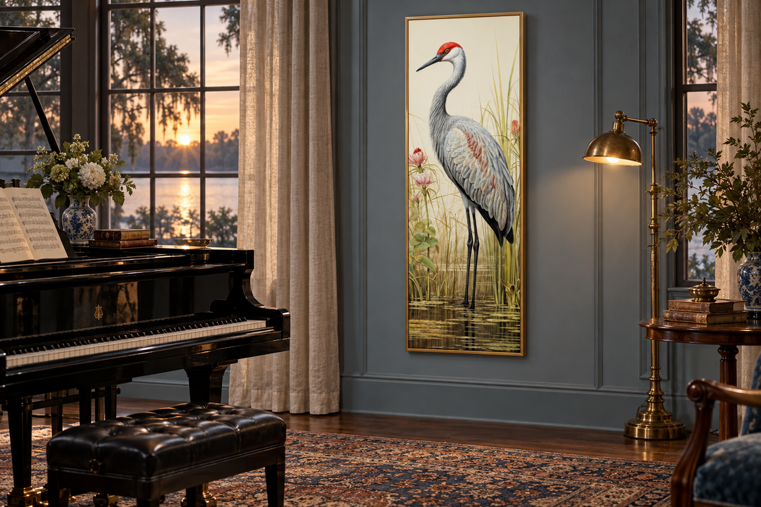 Sandhill Crane tall narrow vertical canvas wall art hanging in a sophisticated living room.