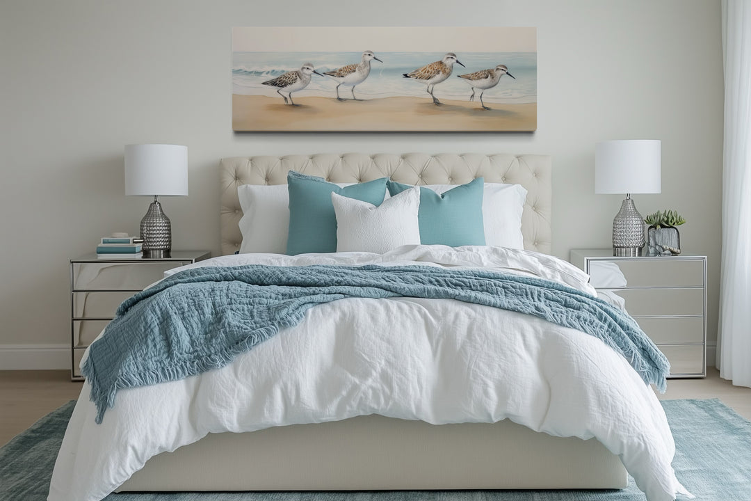 Sandpipers walking on the beach horizontal framed canvas wall art.