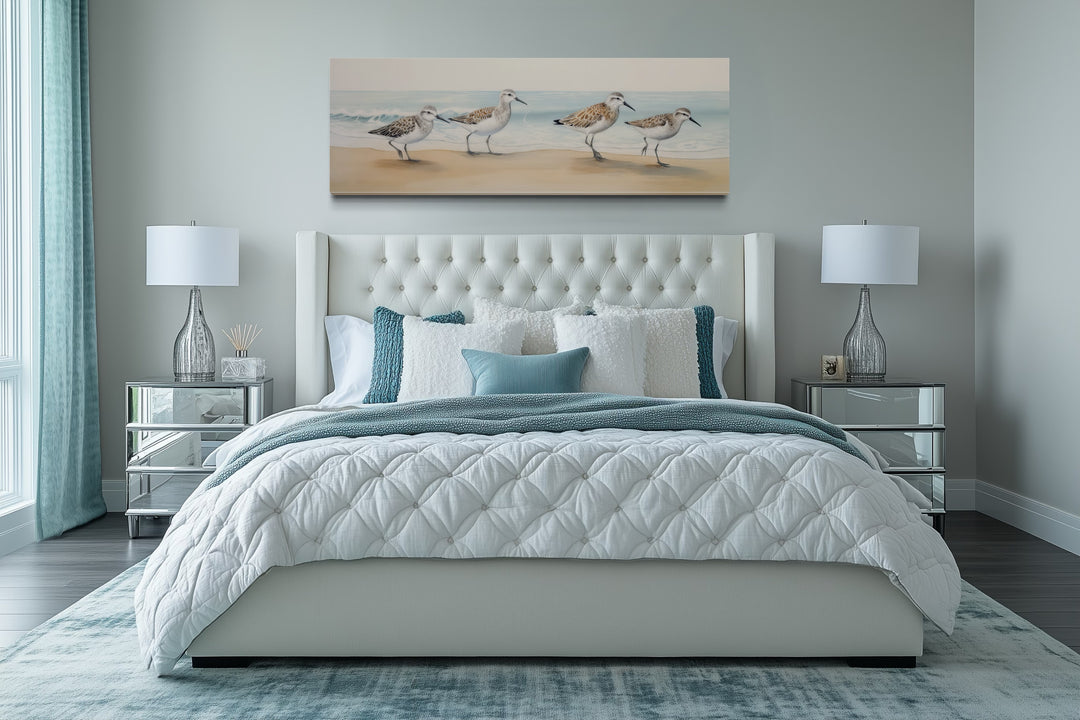 Sandpipers walking on the beach horizontal framed canvas wall art.
