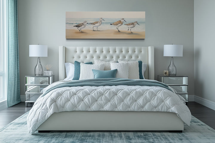 Sandpipers walking on the beach horizontal framed canvas wall art.