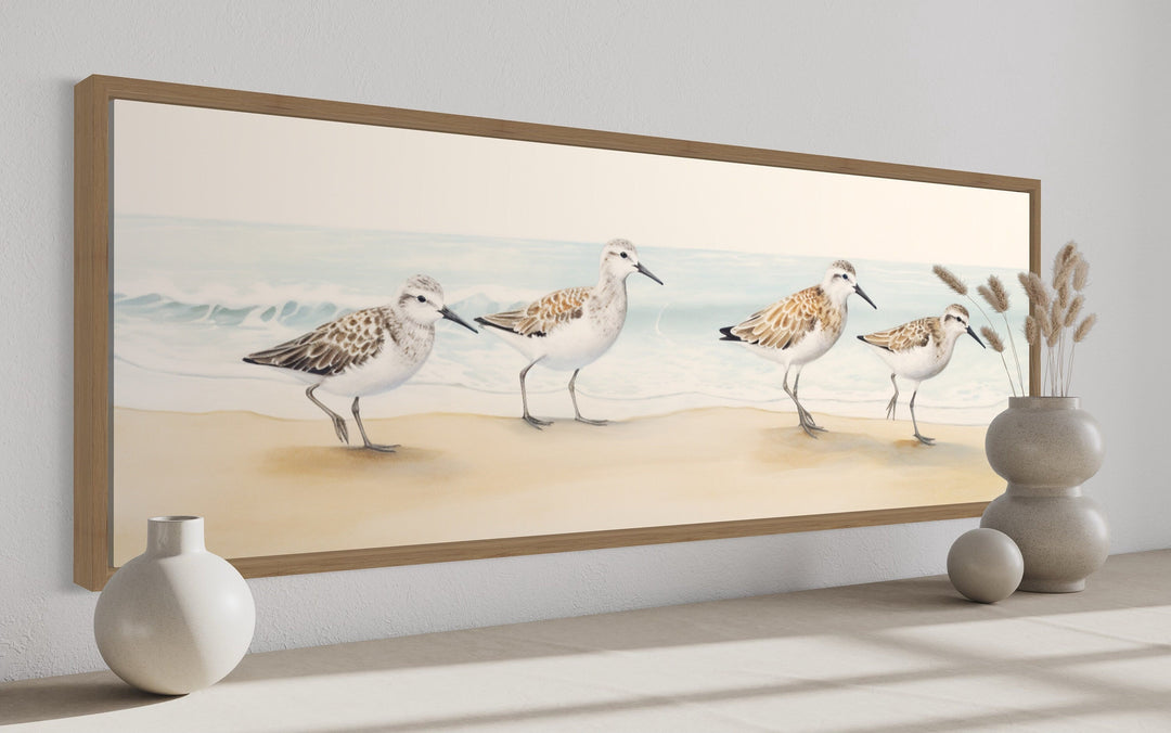 Sandpipers Walking On The Beach Horizontal Framed Canvas Wall Art