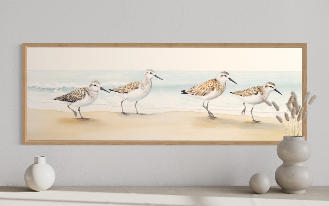 Sandpipers Walking On The Beach Horizontal Framed Canvas Wall Art