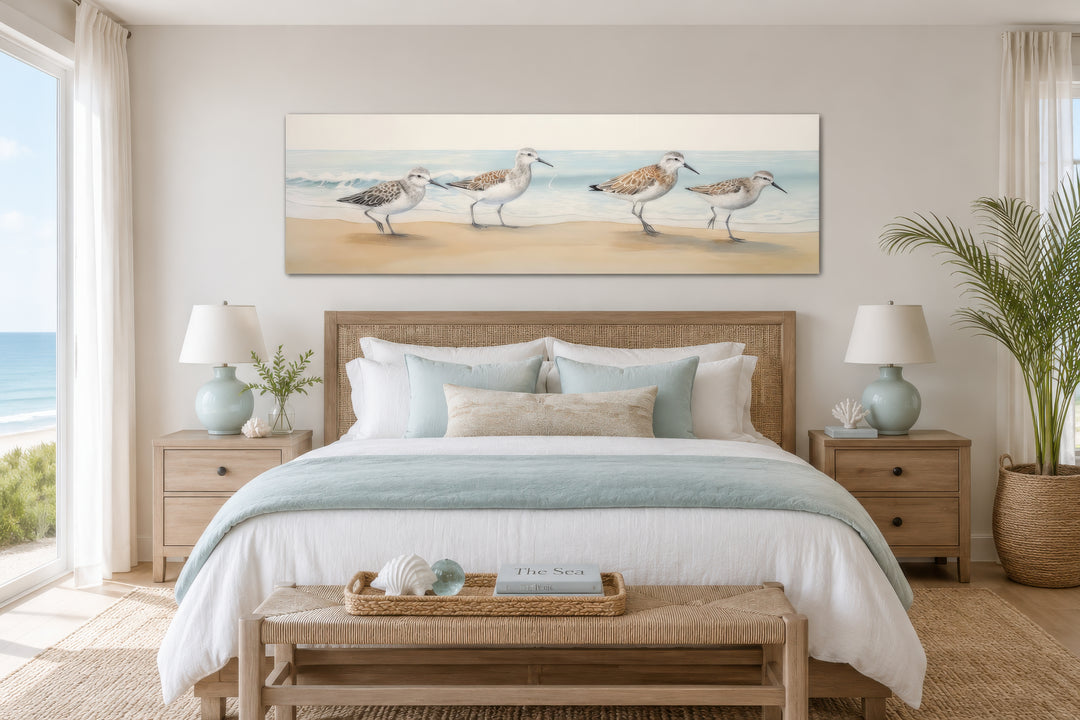 Sandpipers walking on the beach horizontal framed canvas wall art above a bed in a coastal bedroom.