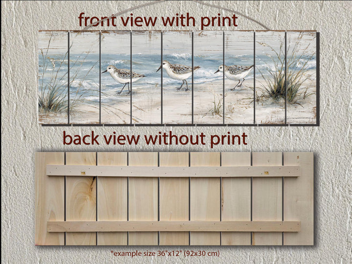 Front and back views of a long narrow wood wall art piece featuring sandpipers on a beach.