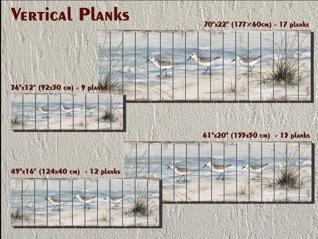 Sandpipers on the beach wood wall art in four sizes with vertical plank details.