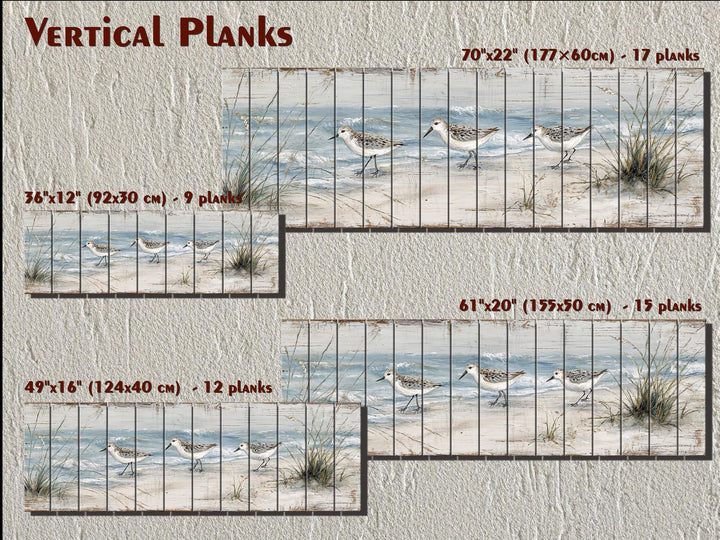 Sandpipers on the beach wood wall art in four sizes with vertical plank details.