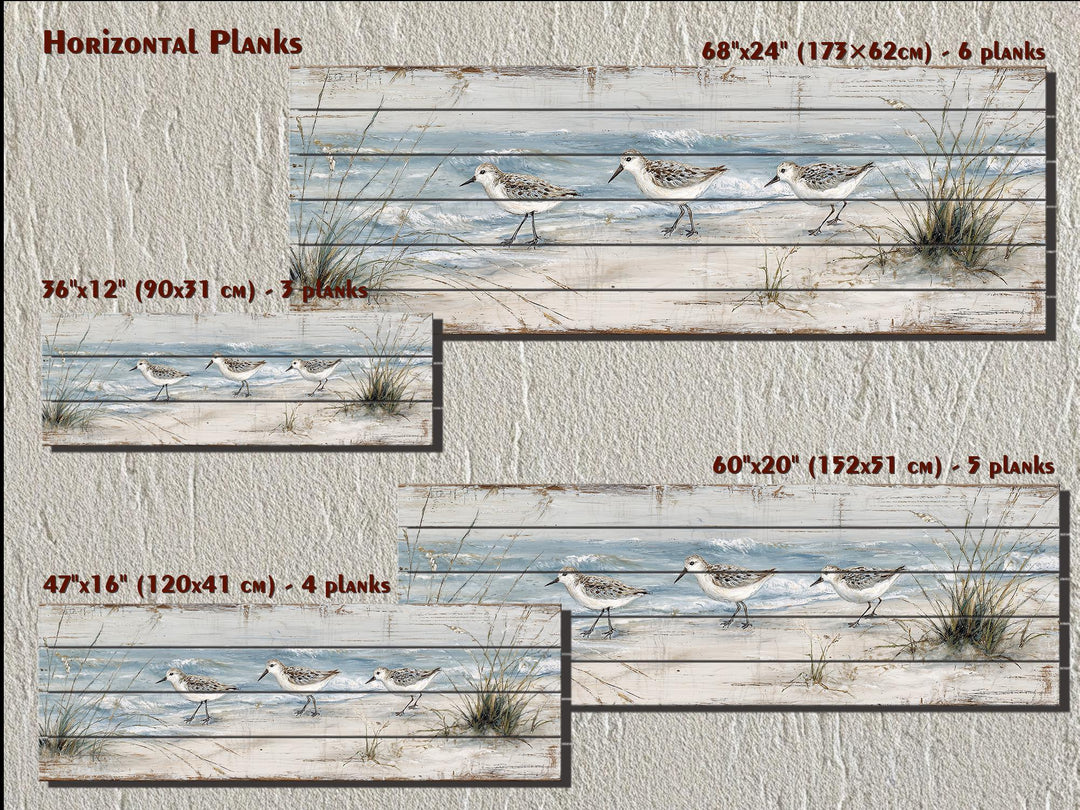Panoramic wood wall art featuring sandpipers on a beach, available in four horizontal sizes.