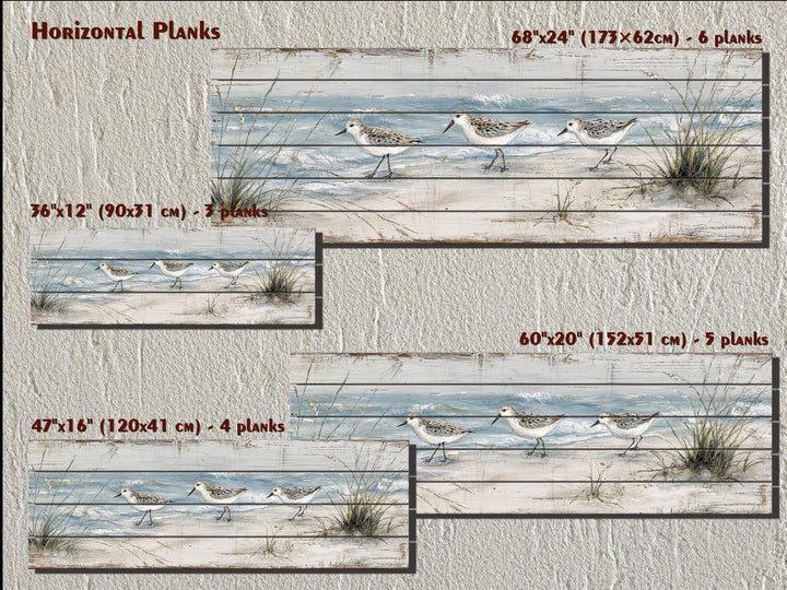 Panoramic wood wall art featuring sandpipers on a beach, available in four horizontal sizes.