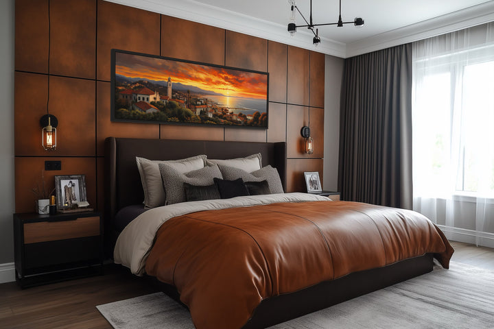 Santa Barbara At Sunrise Framed Horizontal Wall Art hanging above a bed in a modern bedroom.
