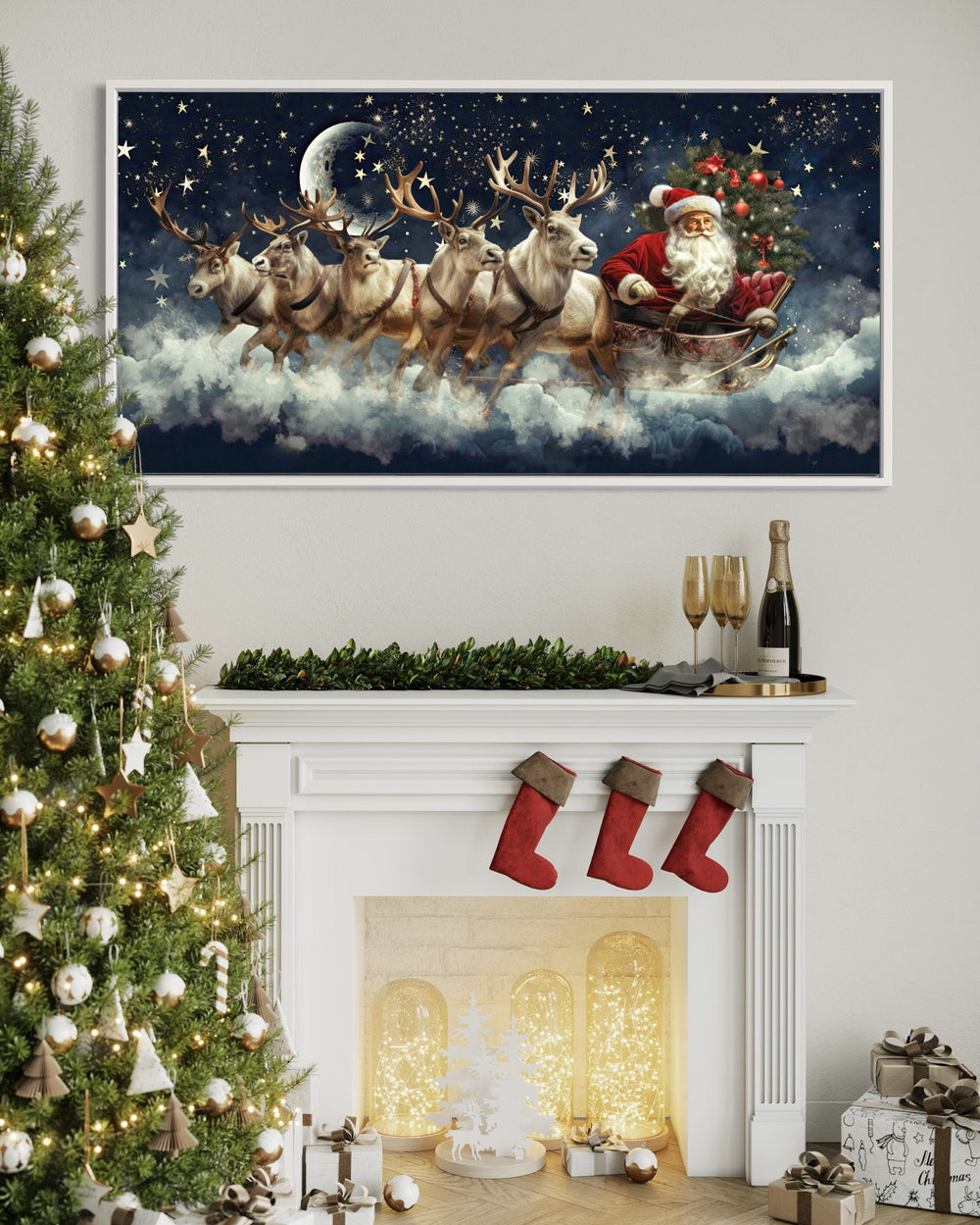 Santa Claus Flying in Sleigh With Reindeer Christmas Eve Wall Art above mantel