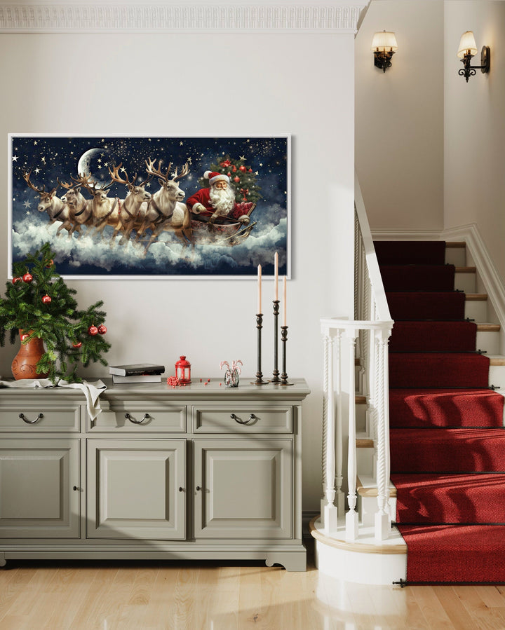 Santa Claus Flying in Sleigh With Reindeer Christmas Eve Wall Art