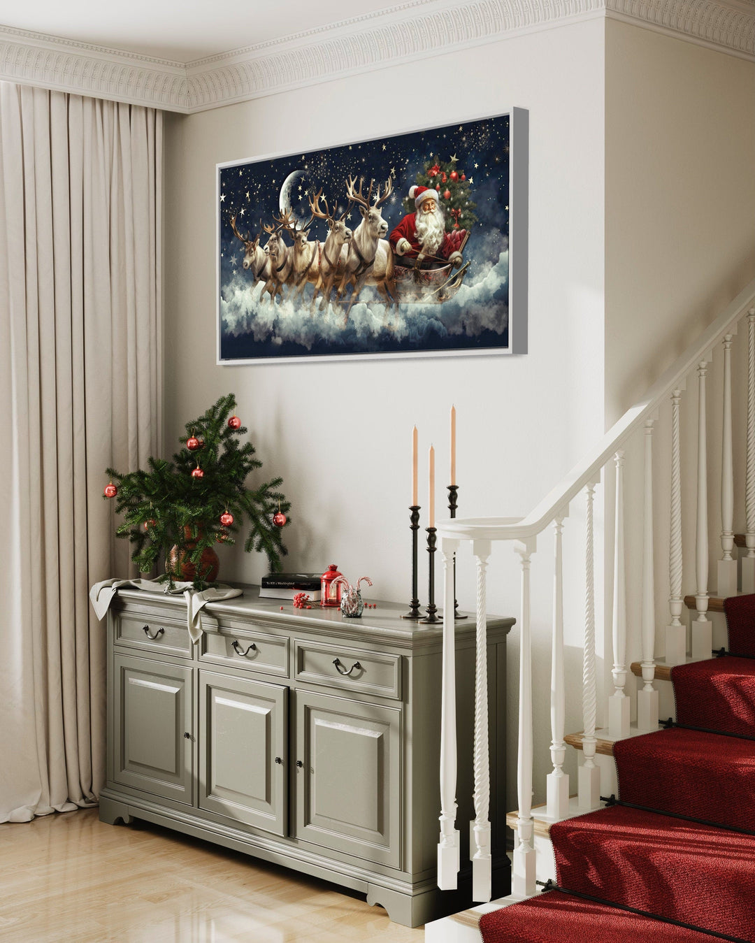 Santa Claus Flying in Sleigh With Reindeer Christmas Eve Wall Art