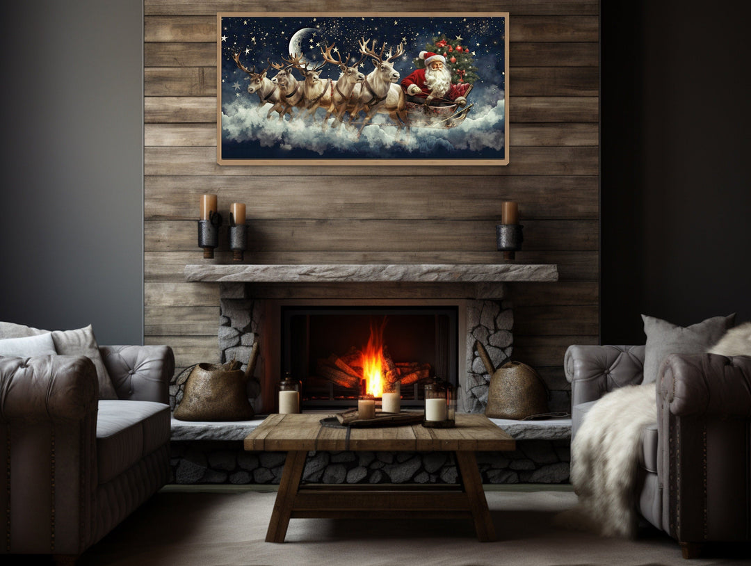 Santa Claus Flying in Sleigh With Reindeer Christmas Eve Wall Art