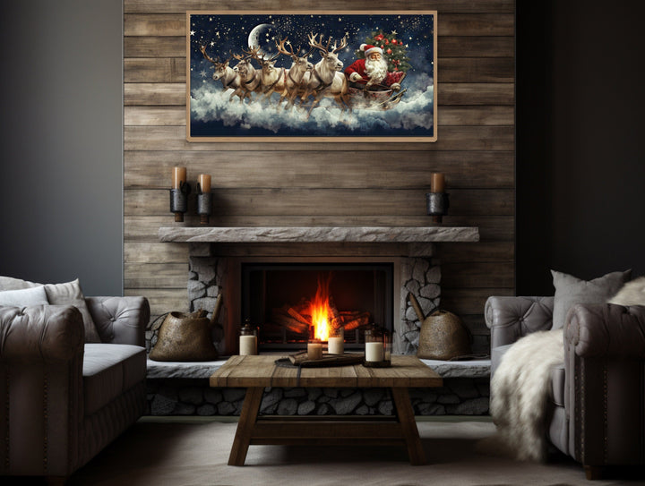 Santa Claus Flying in Sleigh With Reindeer Christmas Eve Wall Art