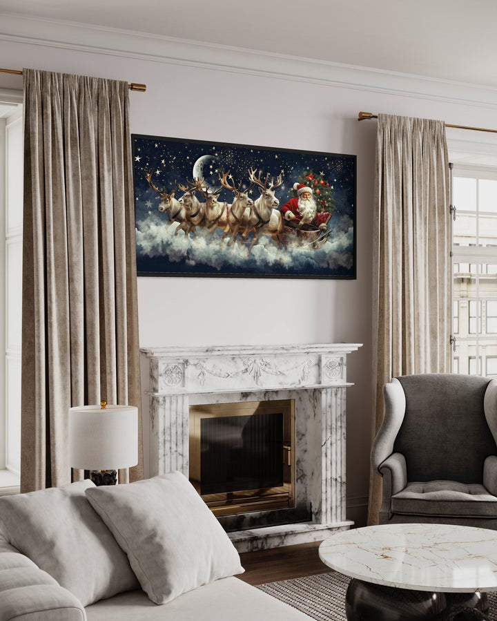 Santa Claus Flying in Sleigh With Reindeer Christmas Eve Wall Art