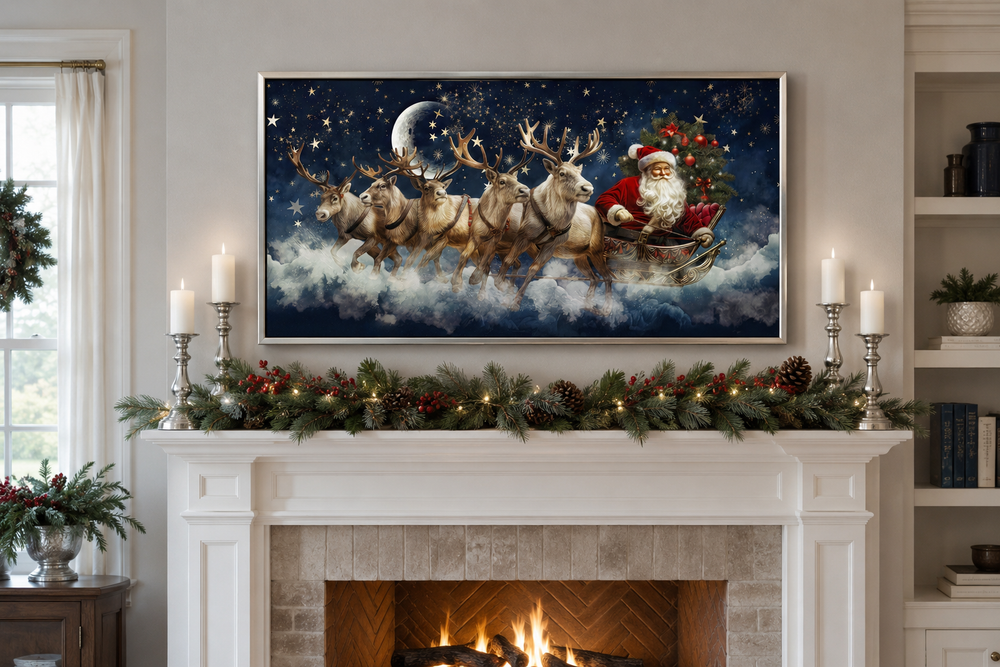 Santa Claus in a sleigh pulled by reindeer canvas wall art displayed over a festive fireplace.