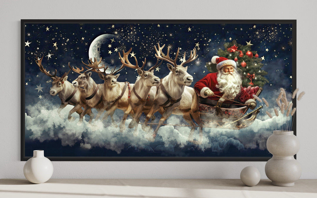 Santa Claus in a sleigh pulled by reindeer flying through a starry night sky canvas wall art.