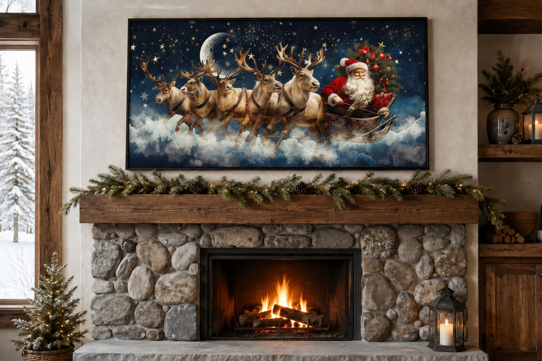 Santa Claus in a sleigh pulled by reindeer canvas wall art hanging above a stone fireplace mantel.