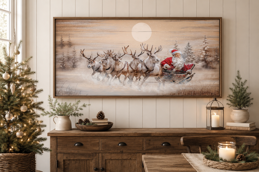 Rustic Santa Claus in sleigh with reindeer canvas wall art in a farmhouse living room setting.