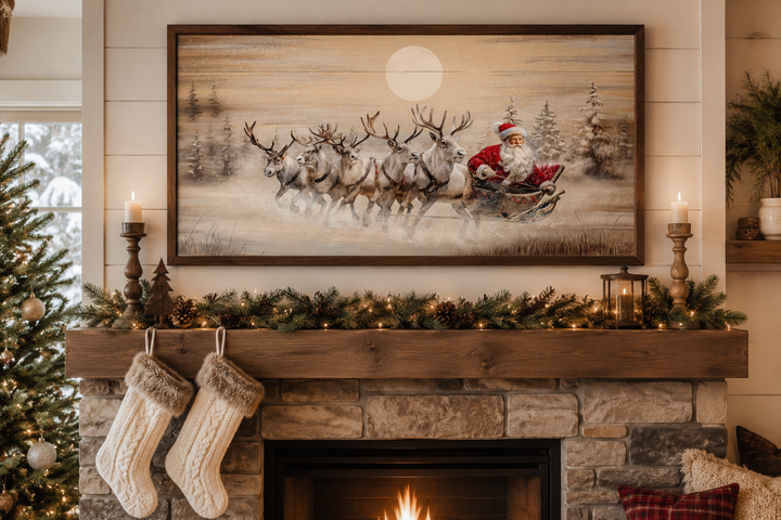 Rustic Santa Claus in sleigh with reindeer canvas wall art hanging above a decorated fireplace.