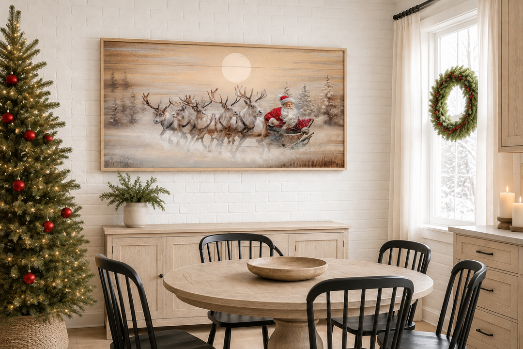 Santa Claus in a reindeer-led sleigh wall art on a white brick wall in a rustic dining room.