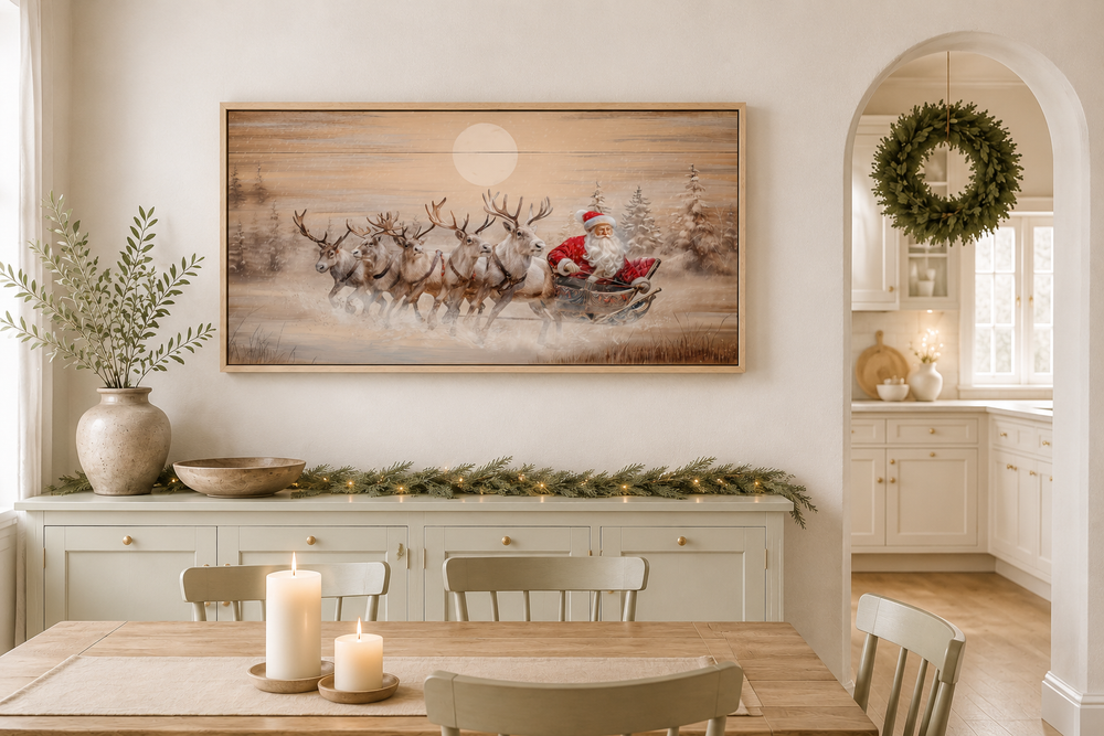 Rustic Santa Claus in sleigh with reindeer canvas wall art in a farmhouse dining room setting.